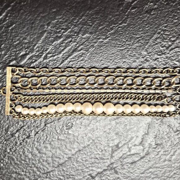 6-Strand Statement Bracelet – Brass Chains, Faux Pearls&Crystals 7" Y2K Revival - Picture 3 of 4